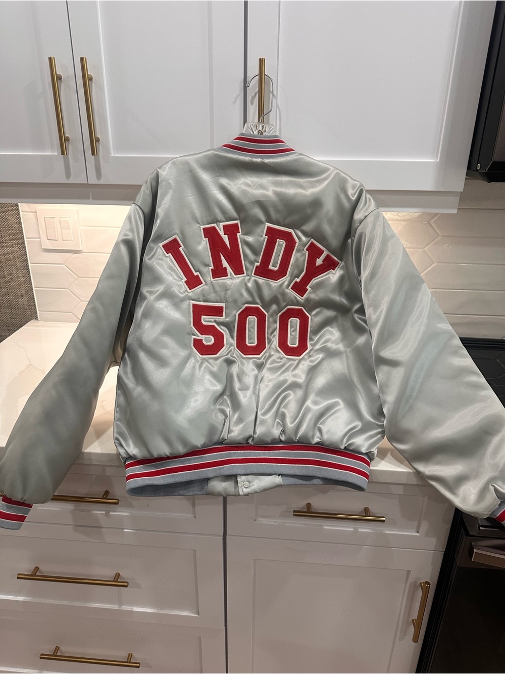 Indy 500 Satin Bomber Jacket - Silver with Red Trim vintage XL